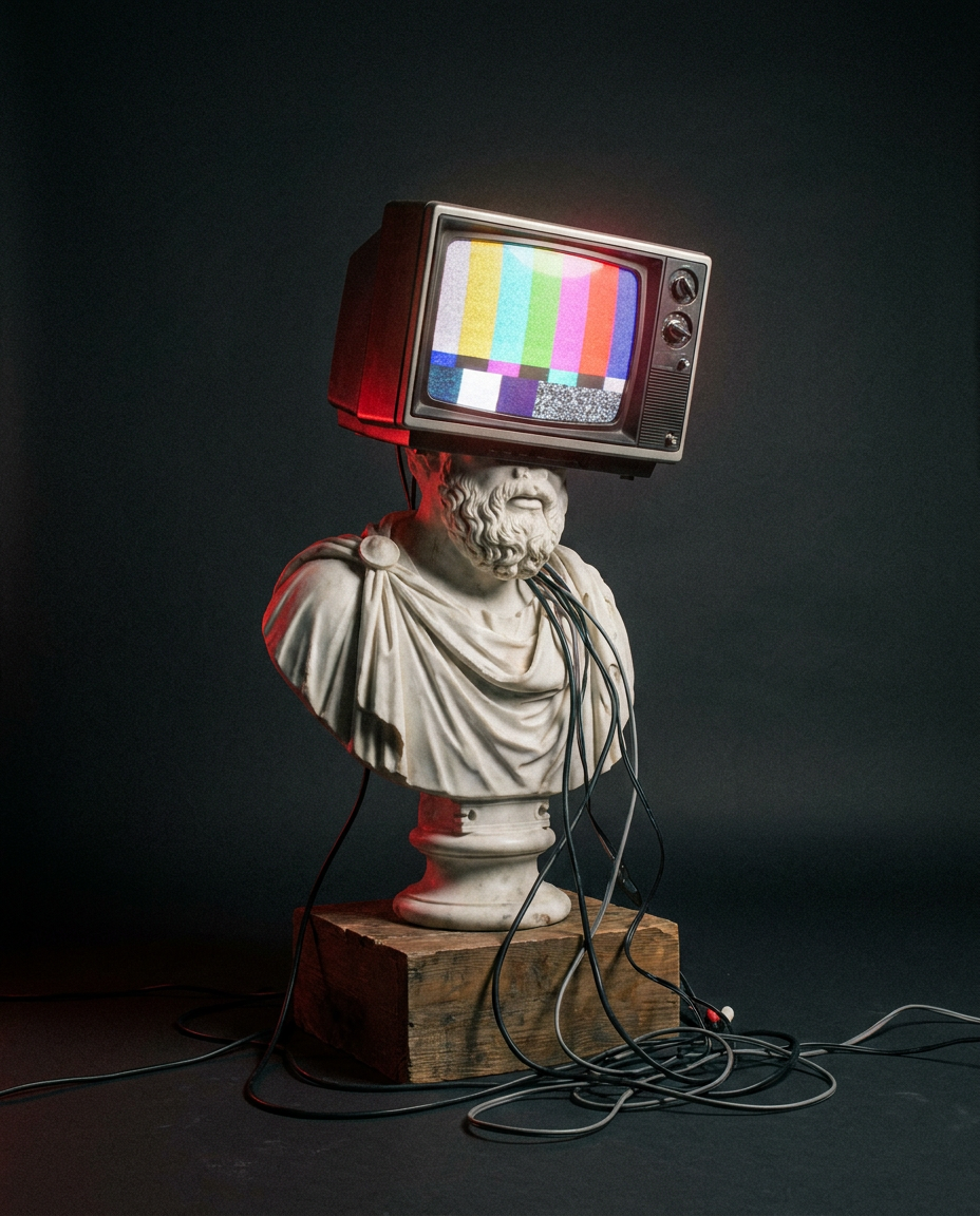 Busto clássico de mármore com um monitor CRT no lugar da cabeça, símbolo do encontro entre arte e inteligência artificial